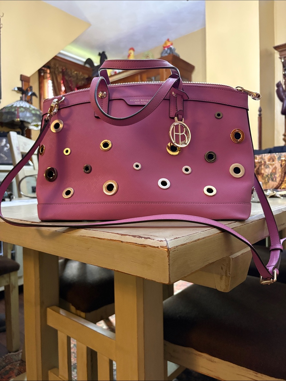 Henri Bendel West 57th Pink Eyelet Satchel with Gold-Tone Hardware